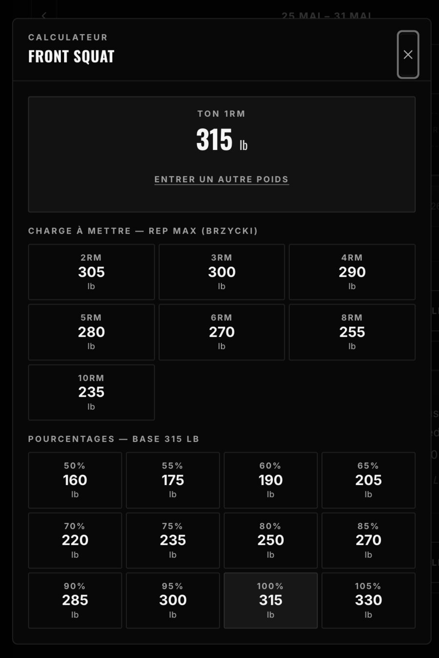 Calculateur 1RM Front Squat — table Brzycki et pourcentages de charge