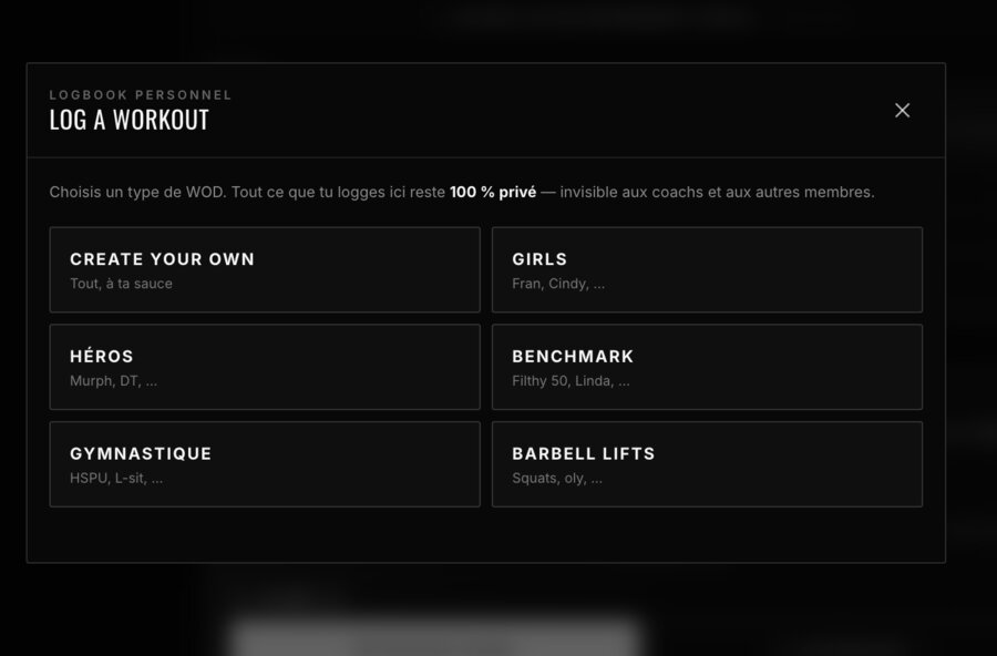 Modale Logger un WOD — choix de catégorie (Girls, Héros, Benchmark…)