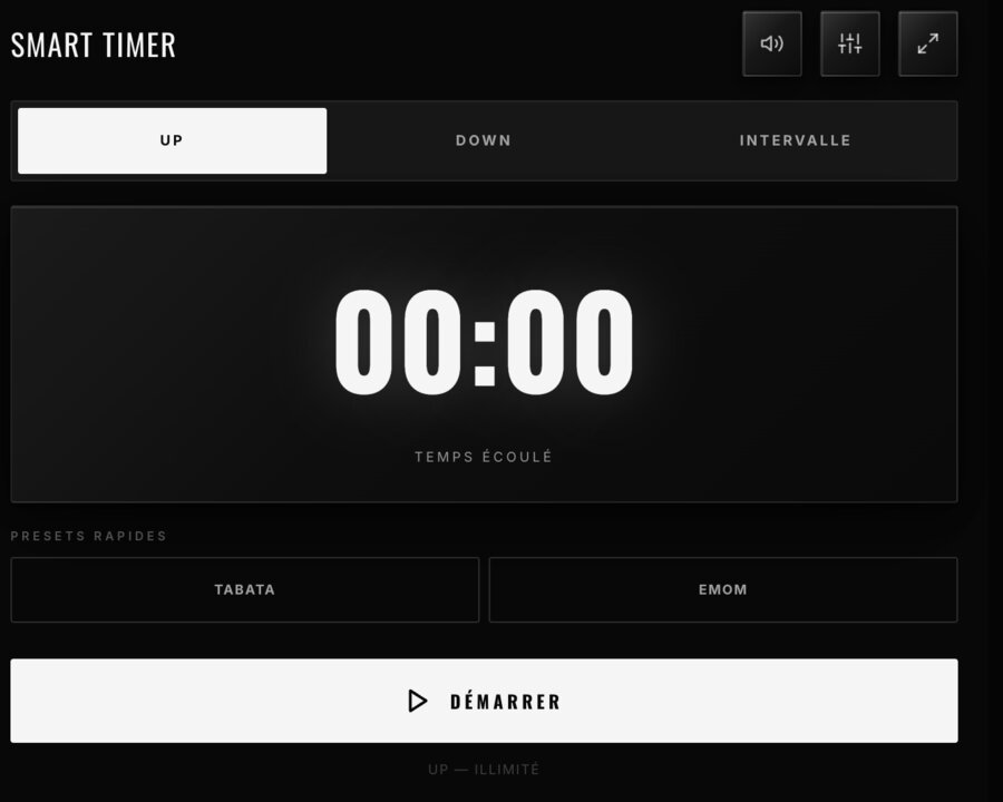 Smart Timer intégré — modes Up, Down, Intervalle avec presets Tabata et EMOM